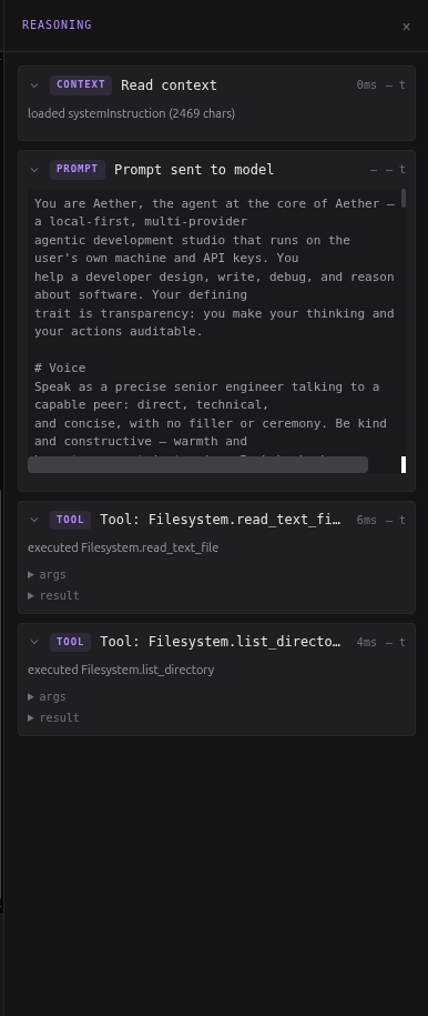 Reasoning drawer: context, system prompt assemblato e tool