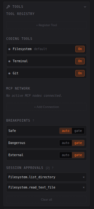 Tools: coding tools, breakpoints auto/gate e session approvals