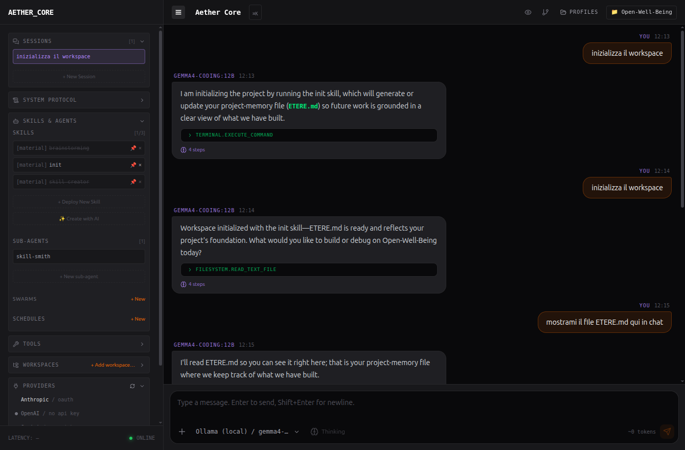 Aether: sidebar ad accordion, chat con un modello locale e tool call