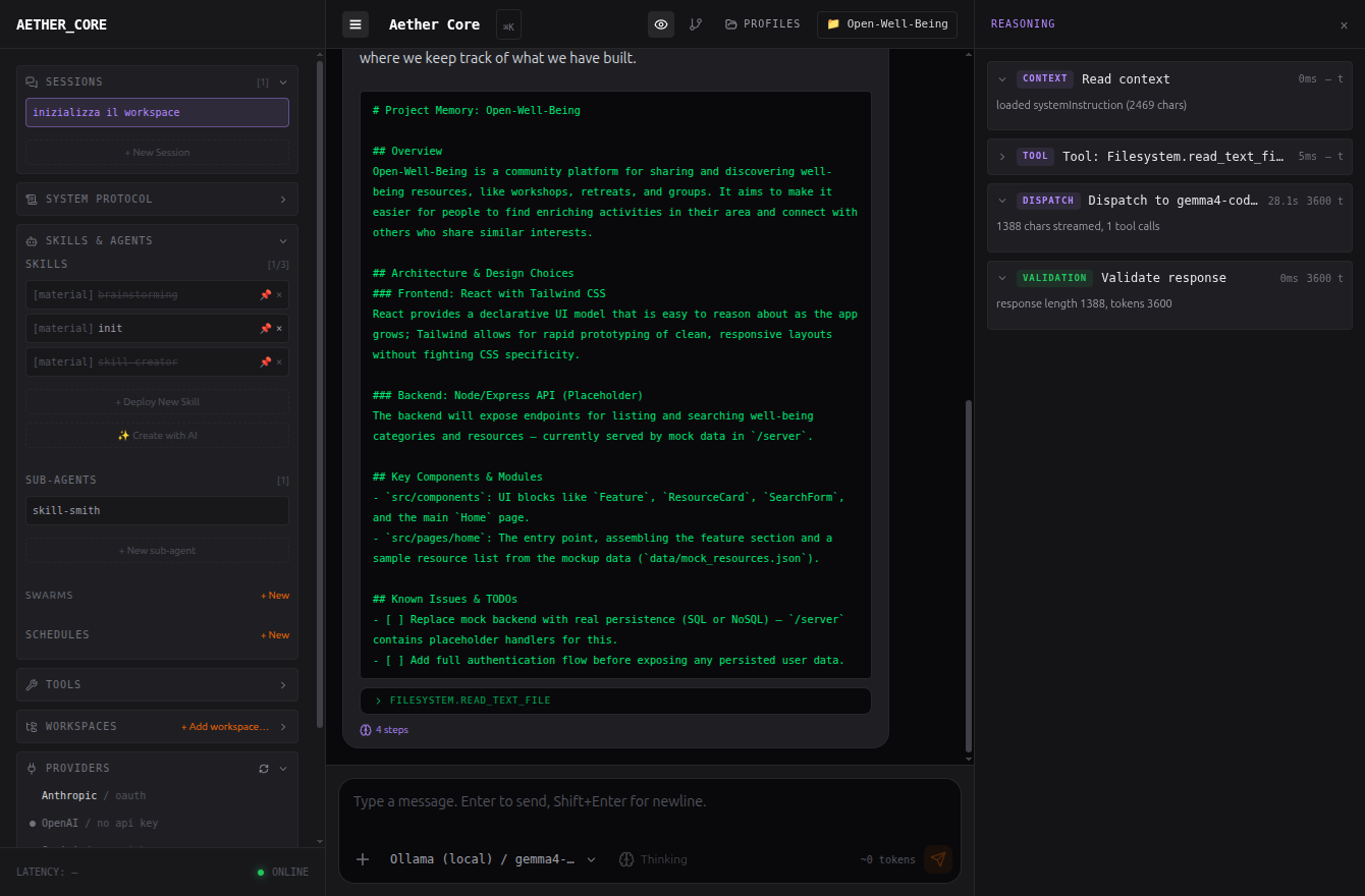 Reasoning drawer: context, tool, dispatch, validation con token e tempi